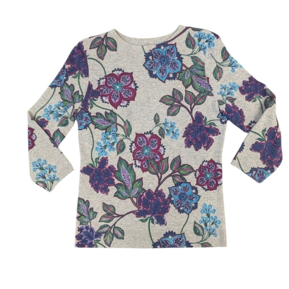 Talbots Cashmere Sweater Sm Gray Floral Crew Neck 3/4 Sleeve Knit Quiet Luxury